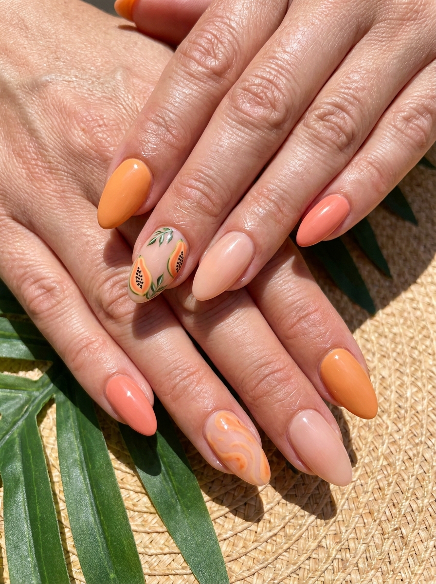 Papaya Glow Nails mit warmem Korall und Papaya Akzenten